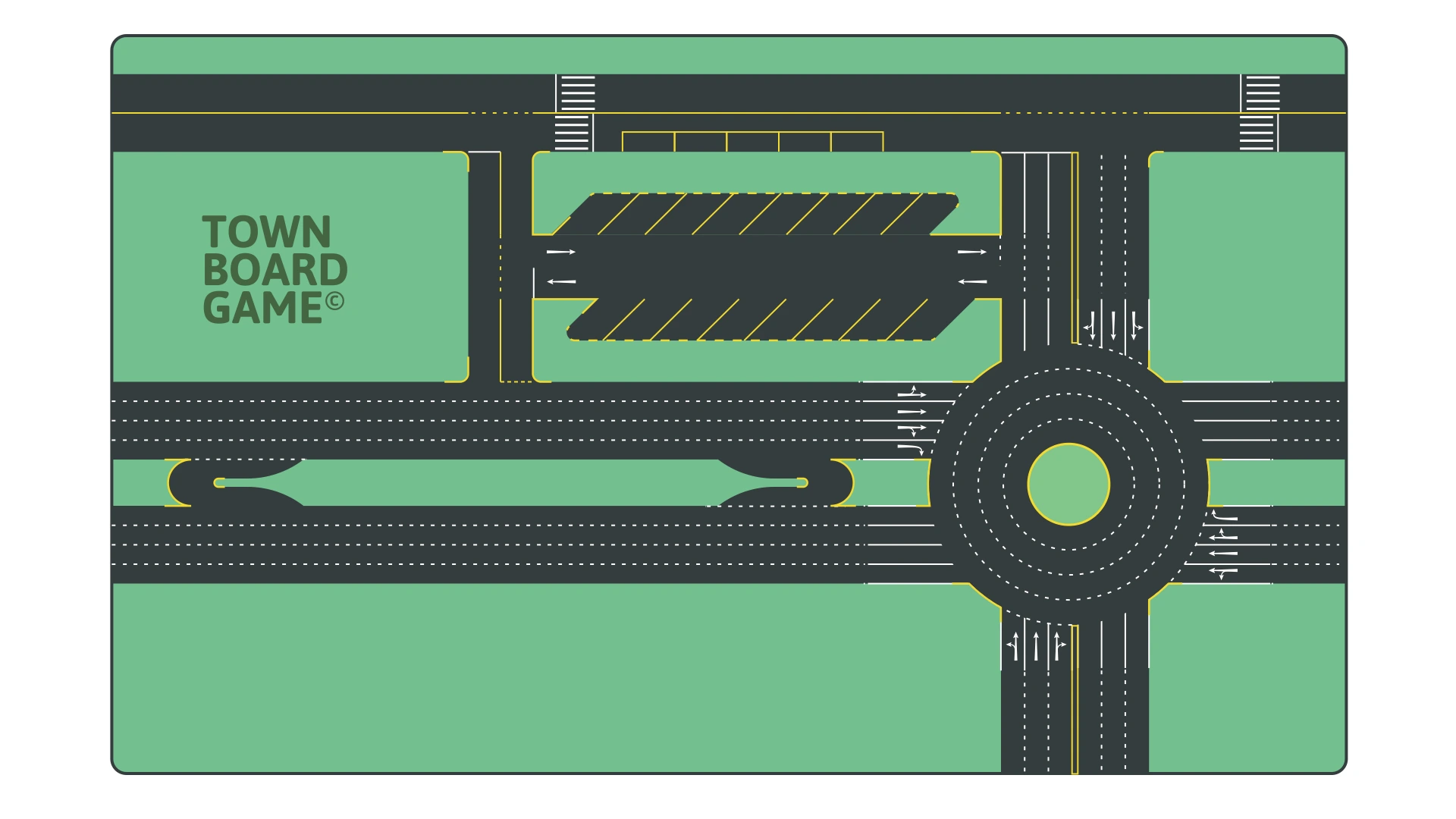 The Model Town Board map with junctions, lane markings, parking bays and a roundabout