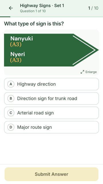 Mobile quiz asking a learner to identify a Kenyan directional road sign