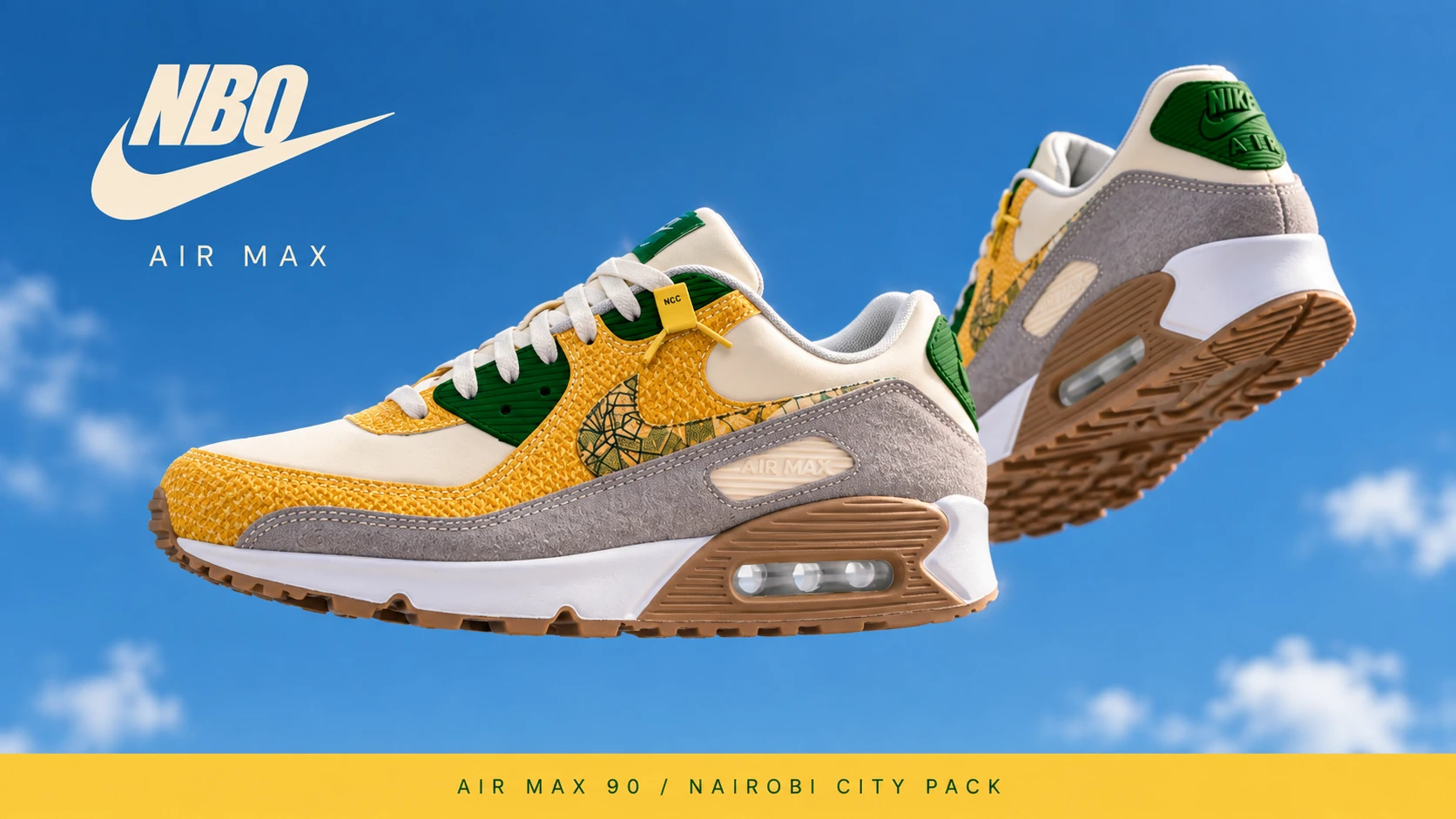 Pair of Nike NBO sneakers against a blue sky